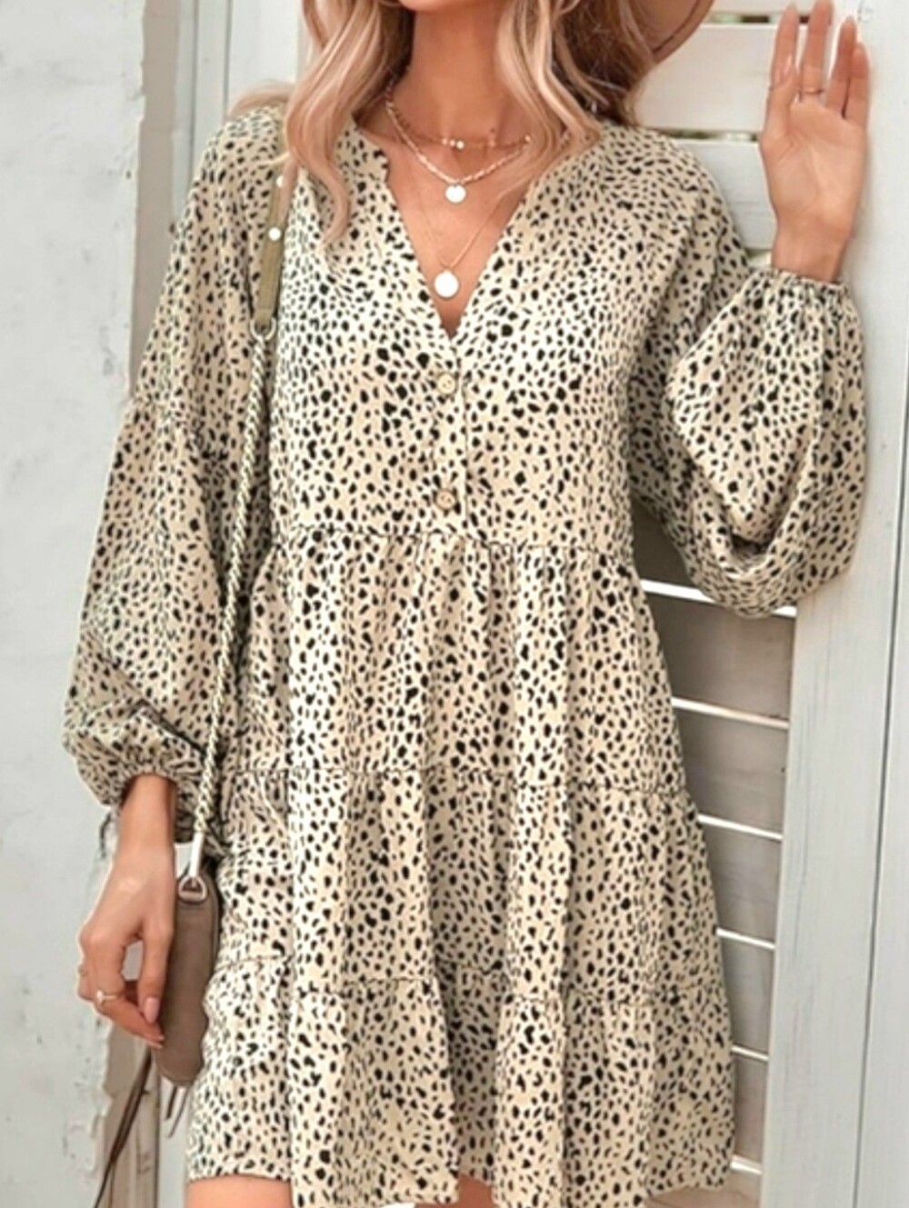 Temofon Leopard Print Dress Brown/Tan Long Sleeves V-neck Tiered Skirt NWT Sz 3X